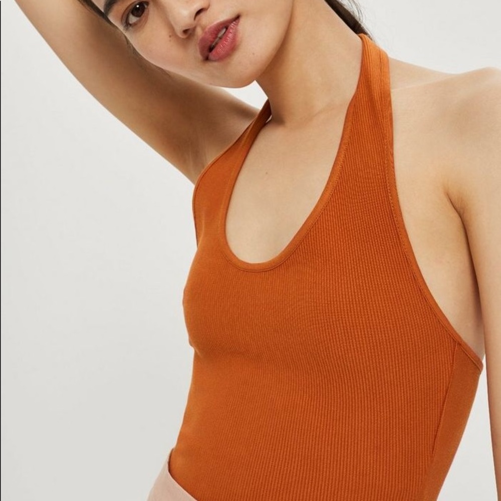 Topshop ribbed halter crop top in burnt orange